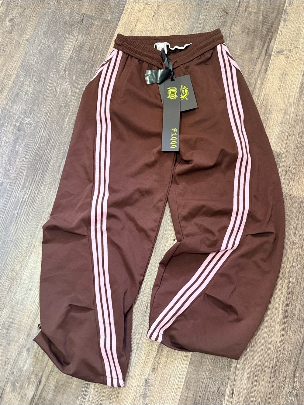 NWT FLOOO Brown Pink Stripe Wide Leg Track Pants Size L Streetwear